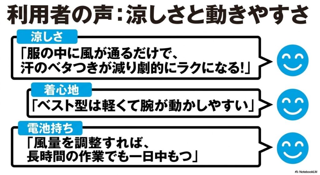 汗のベタつき軽減や電池持ちなど空調服ユーザーの実際の評価