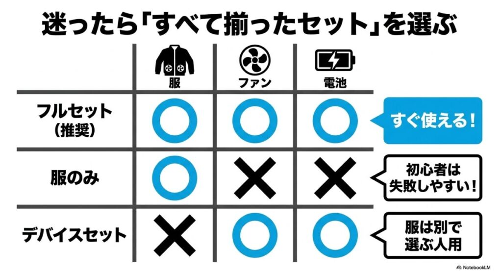 服とファンと電池がすべて揃ったフルセットと服のみの違い