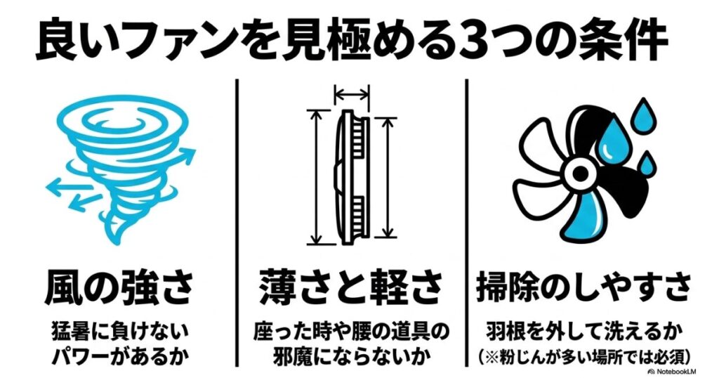 風の強さや薄さと掃除のしやすさを兼ね備えたファンの特徴