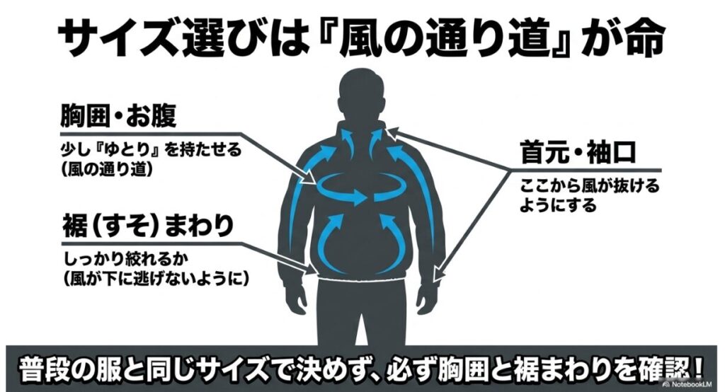 胸囲のゆとりや裾の絞りなど空調服特有のサイズ確認ポイント