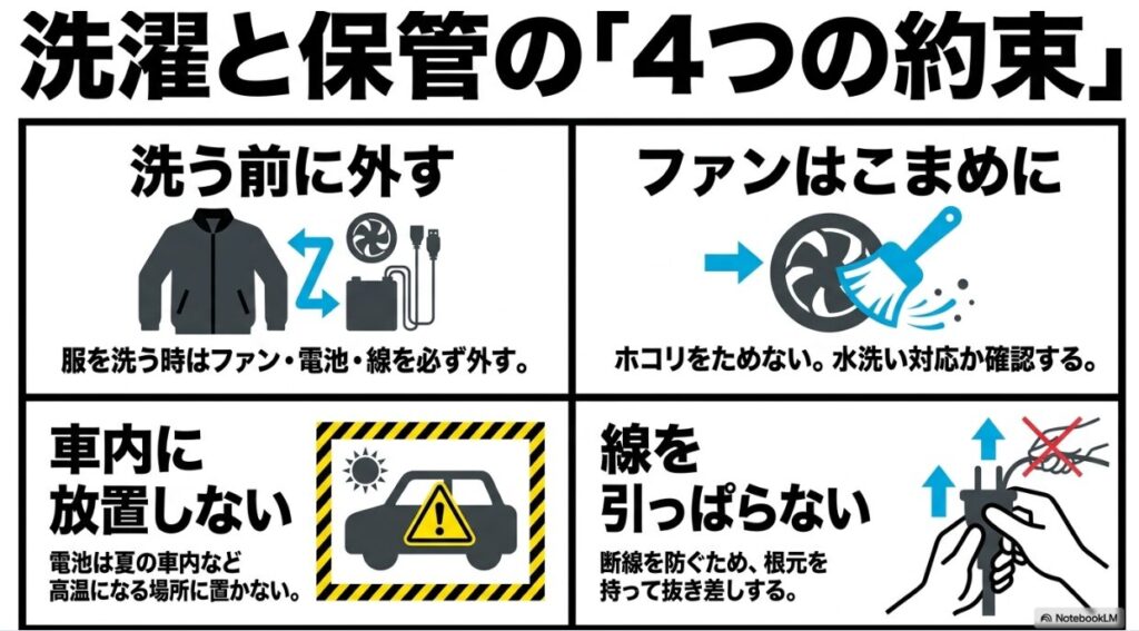 パーツの取り外しや車内放置の禁止など正しい空調服の手入れ方法