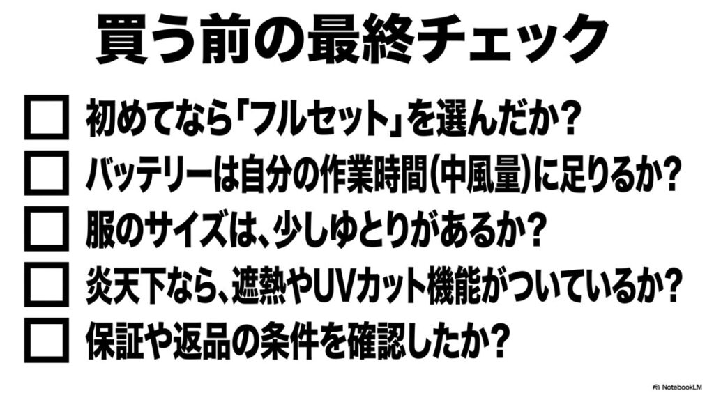 フルセットの選択やバッテリー容量など購入直前のチェック項目