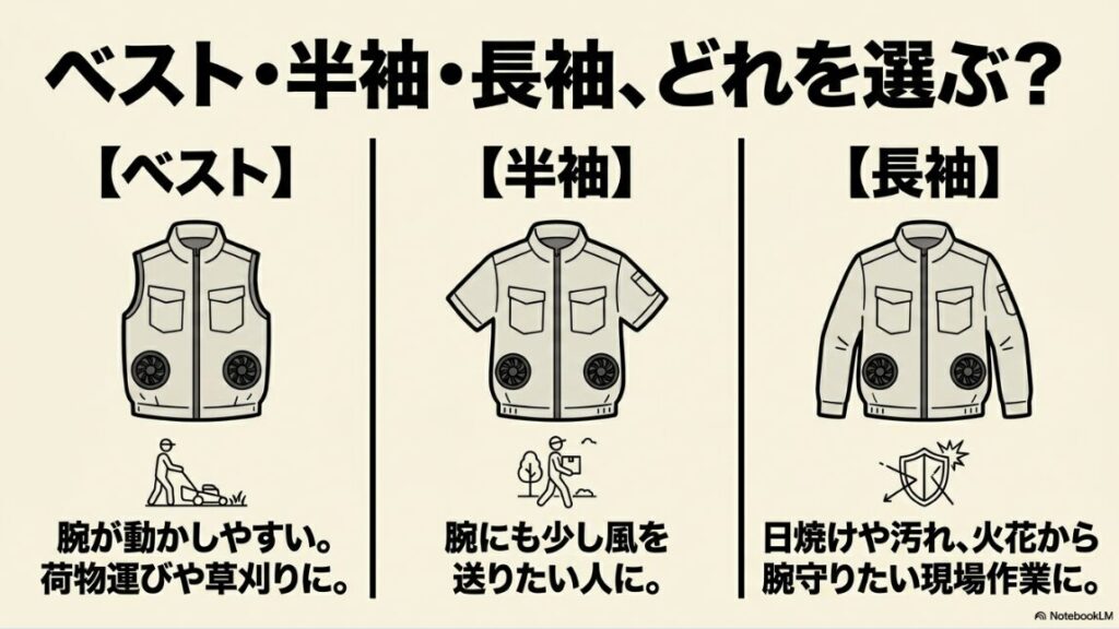 動きやすさや日焼け対策など用途に応じた3種類のウェア形状の比較