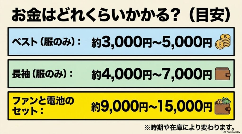 予備電池の準備やこ服のみとファン付きセットで変わる価格相場の一覧