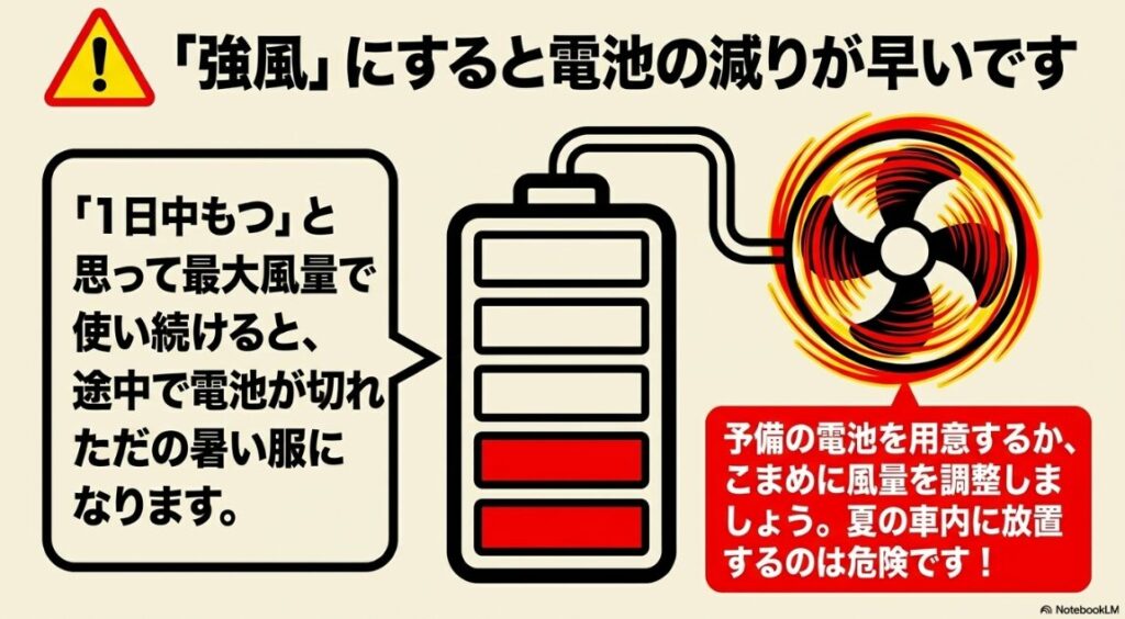 予備電池の準備やこまめな風量調整が必要な稼働時間の仕組み