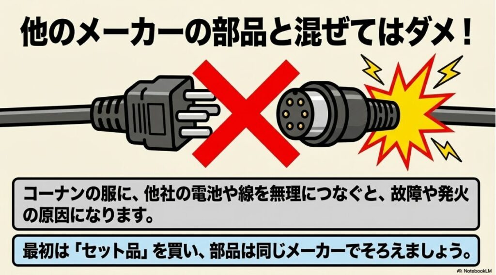 安全に使うために同じメーカーの専用部品で揃える互換性のルール
