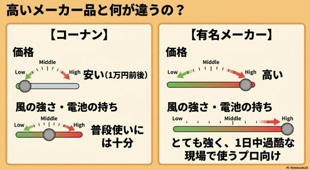 圧倒的な風量を持つ高価格帯ブランドと普段使いしやすいコーナンの比較
