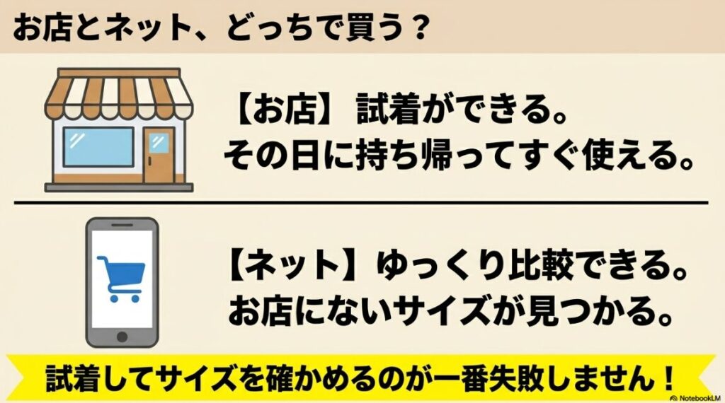 買い間違いを防ぐためにお店での試着を推奨する購入方法の比較