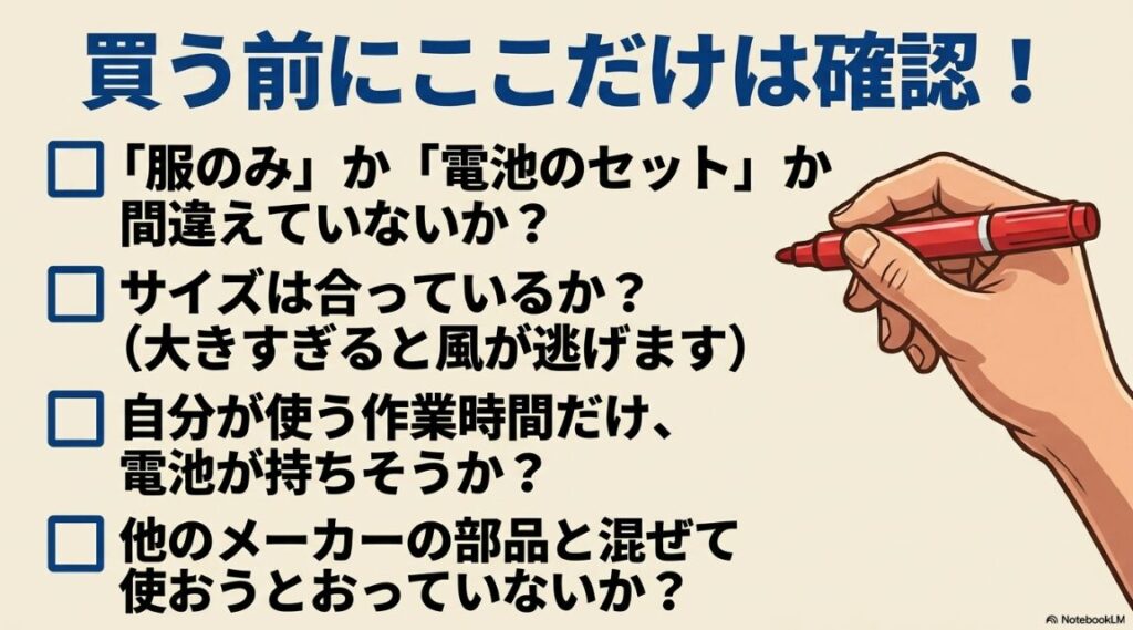 失敗を防ぐためのセット内容や電池持ちに関するチェック項目