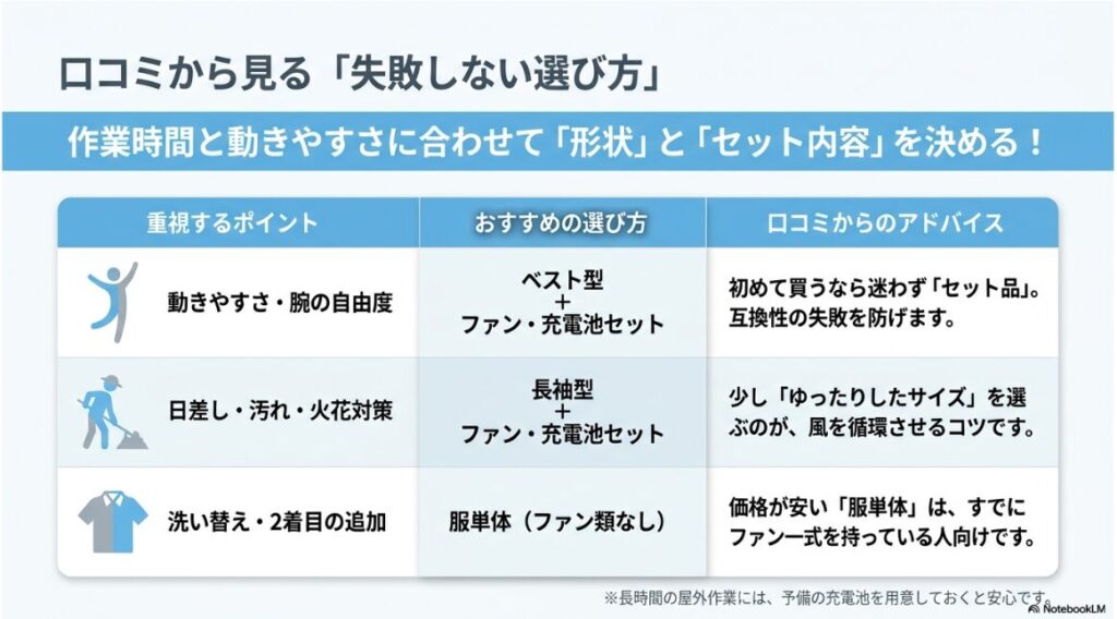 ベスト型や長袖型など重視するポイント別の選び方とアドバイス