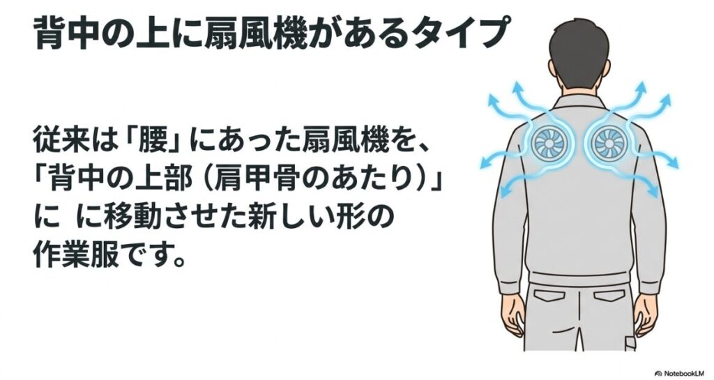 肩甲骨付近にファンを移動させた新しい作業服の構造図