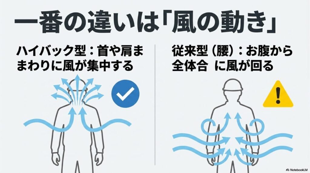 従来型と比較したハイバックファンの構造図と風の動きの全体像