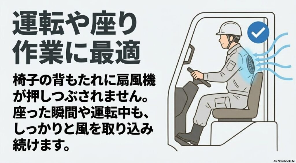 椅子の背もたれに干渉せず座った姿勢でも涼しさが続く空調服