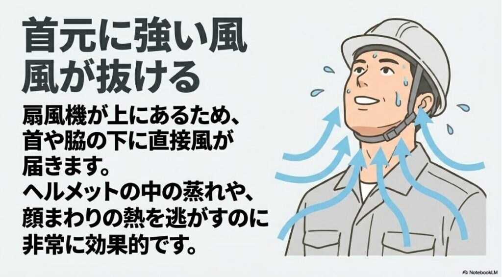 ヘルメット内の蒸れを防ぐために首や脇へダイレクトに風が届く様子