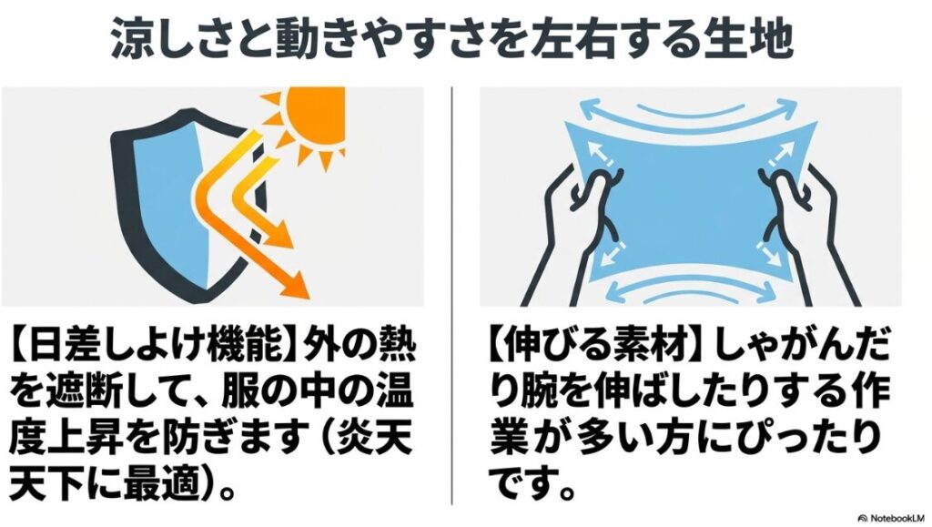 日差しよけやストレッチ性能など素材による機能の違いを解説