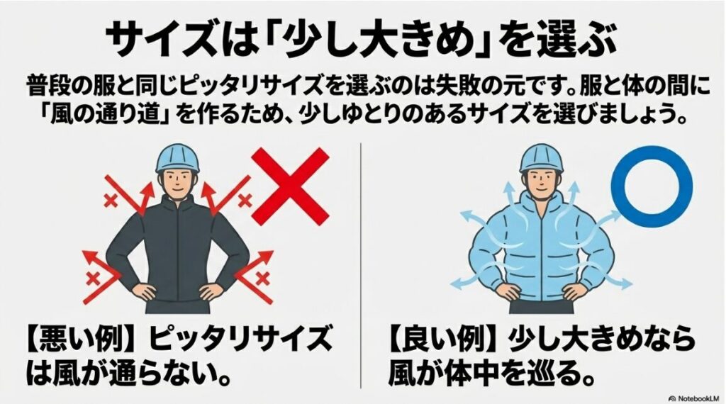 服と体の間に適度な空間を作るための少し大きめサイズの重要性