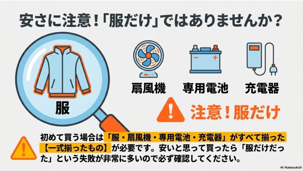 服・ファン・バッテリーが揃っているか確認するための注意喚起図
