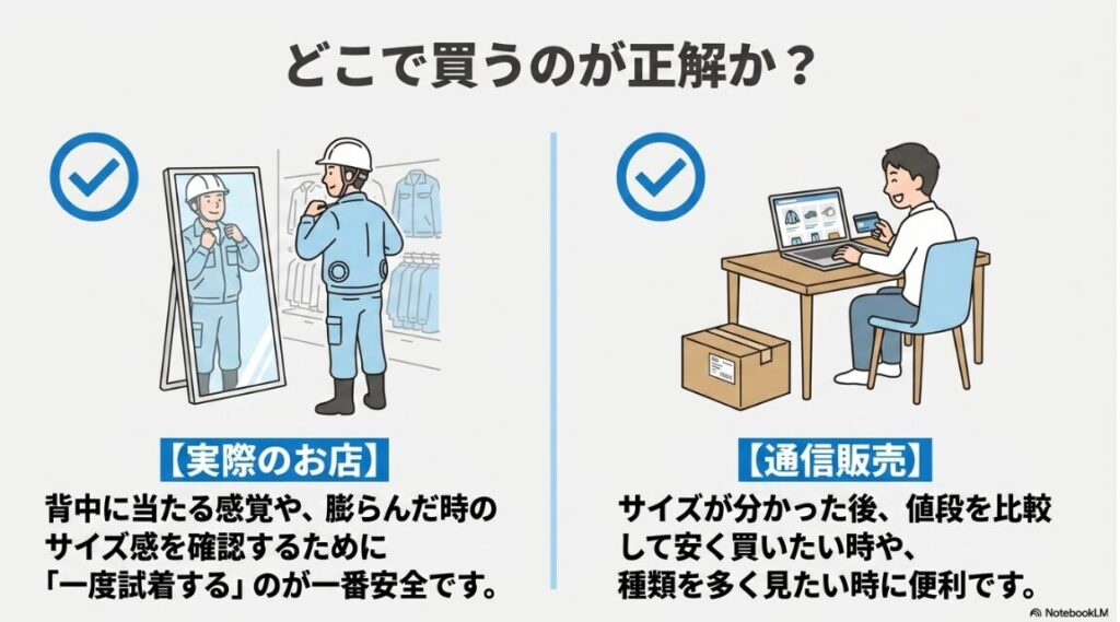 実店舗での試着確認と通販サイトでの比較購入の推奨