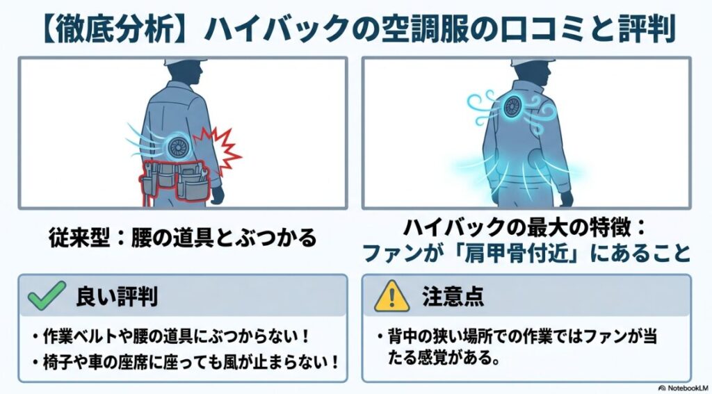 肩甲骨付近にファンを配置したハイバック作業服の仕組み