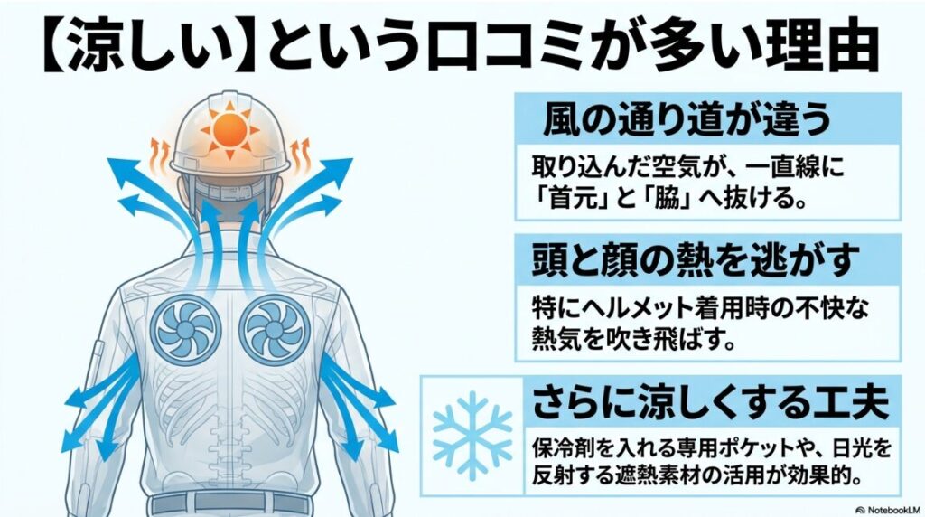 頭や顔の熱気を首元から効率的に排出するファン構造