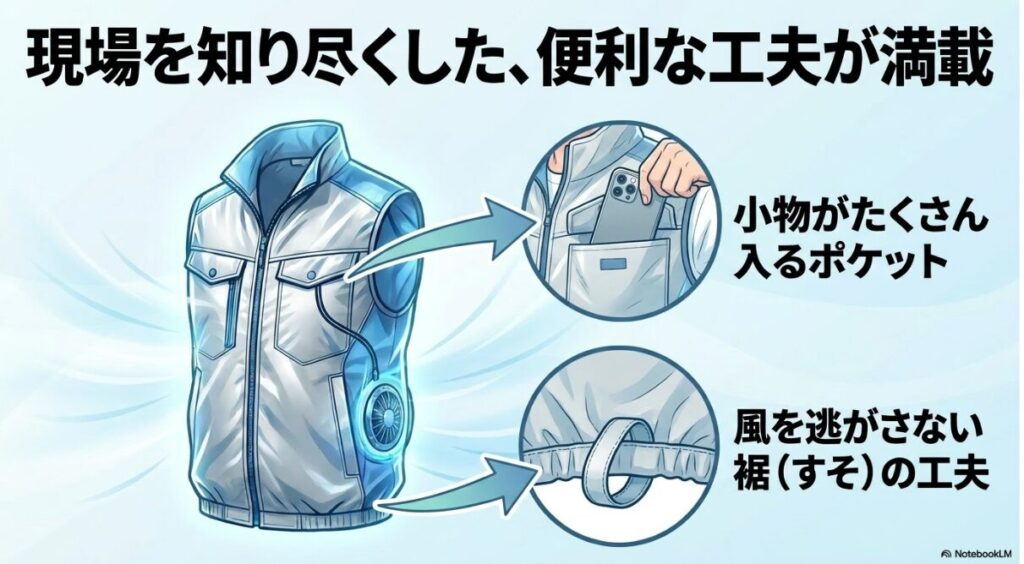 小物がたくさん入るポケットや風を逃がさない裾の構造