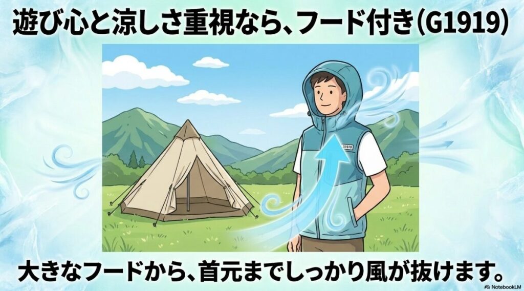 首元までしっかり風が抜ける大きなフード付きモデル