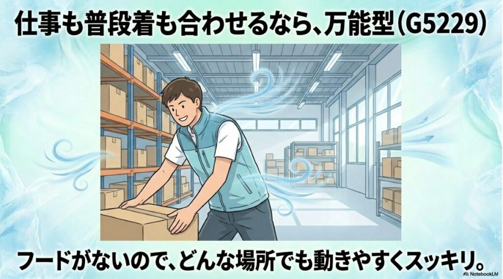 どんな場所でも動きやすくすっきりとしたフードなしモデル