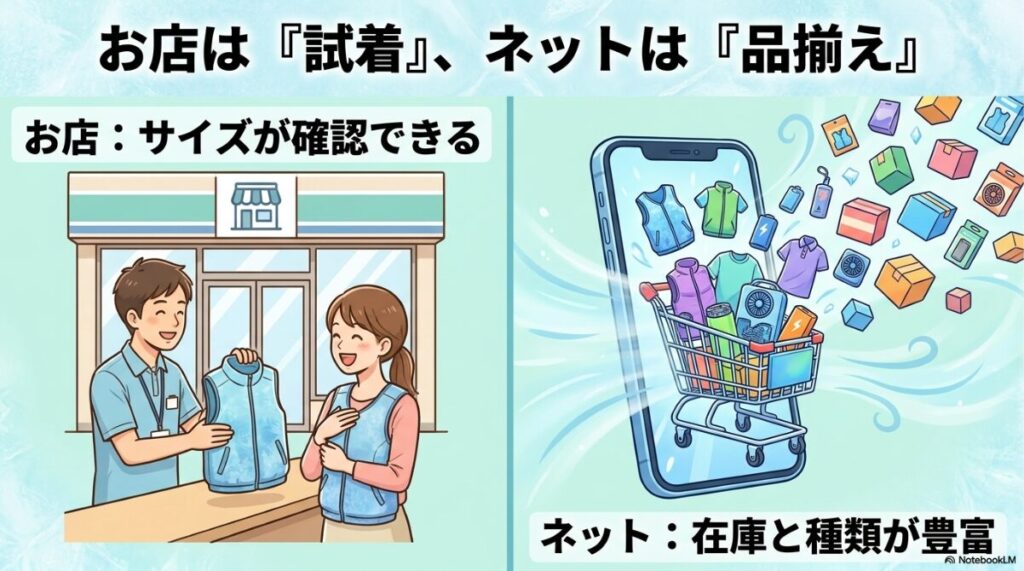 試着ができるお店と品揃えが豊富なオンラインの比較