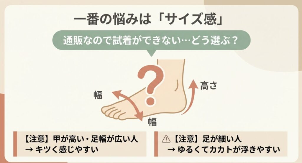 靴選びで注意すべき足の幅と甲の高さを示すイラスト