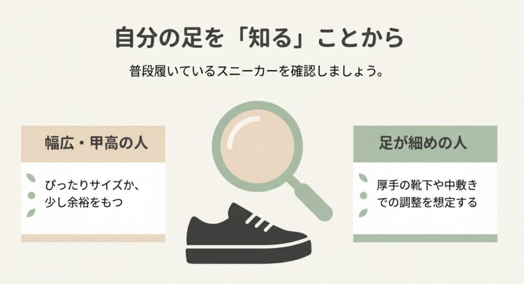 虫眼鏡でスニーカーを確認し自分の足のタイプを把握するイメージ図