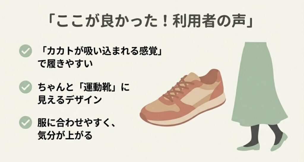 かかとのフィット感やデザインの良さを伝える利用者の口コミイメージ