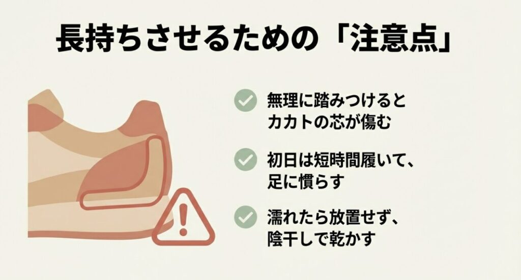 かかとを踏まない、陰干しするなど靴を長持ちさせるための注意点