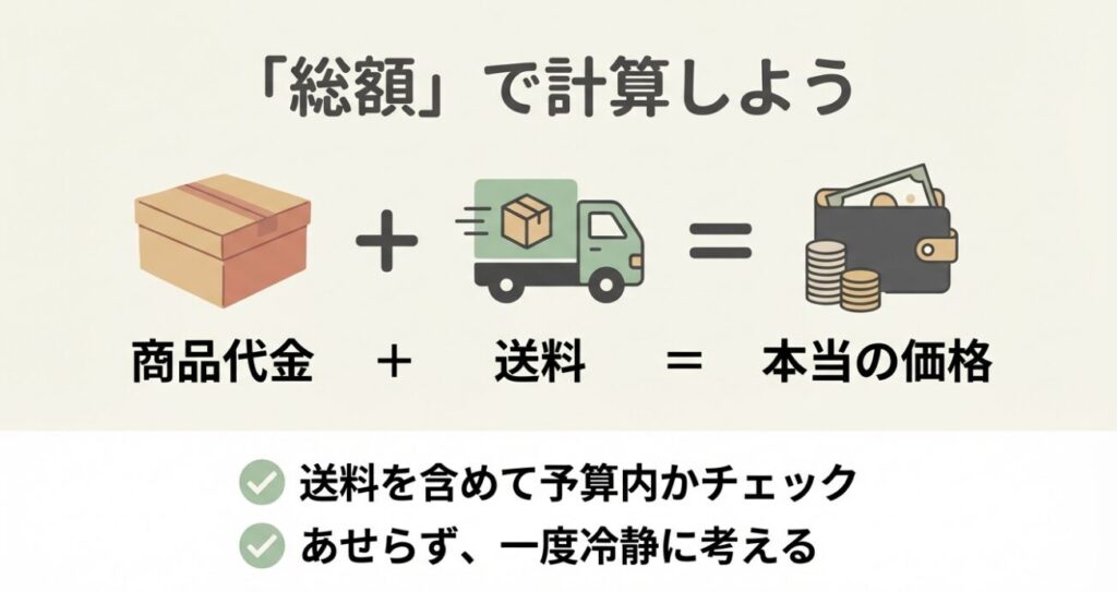 商品代金と送料を足した本当の価格を確認するイメージ図