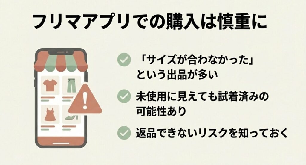 フリマアプリでのサイズ不一致や返品不可のリスクを知らせる注意図