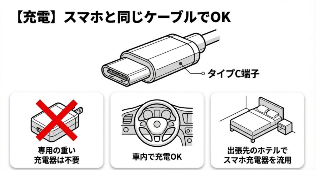 外出先や車内でも充電しやすいType-C端子の紹介図