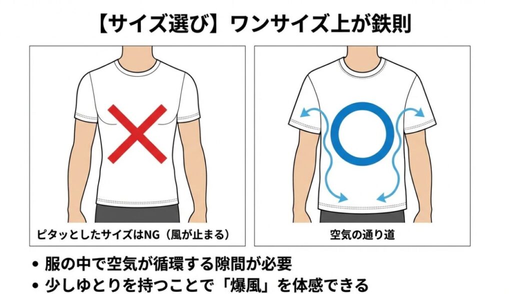 空気の通り道を確保するためにワンサイズ上を推奨する解説図