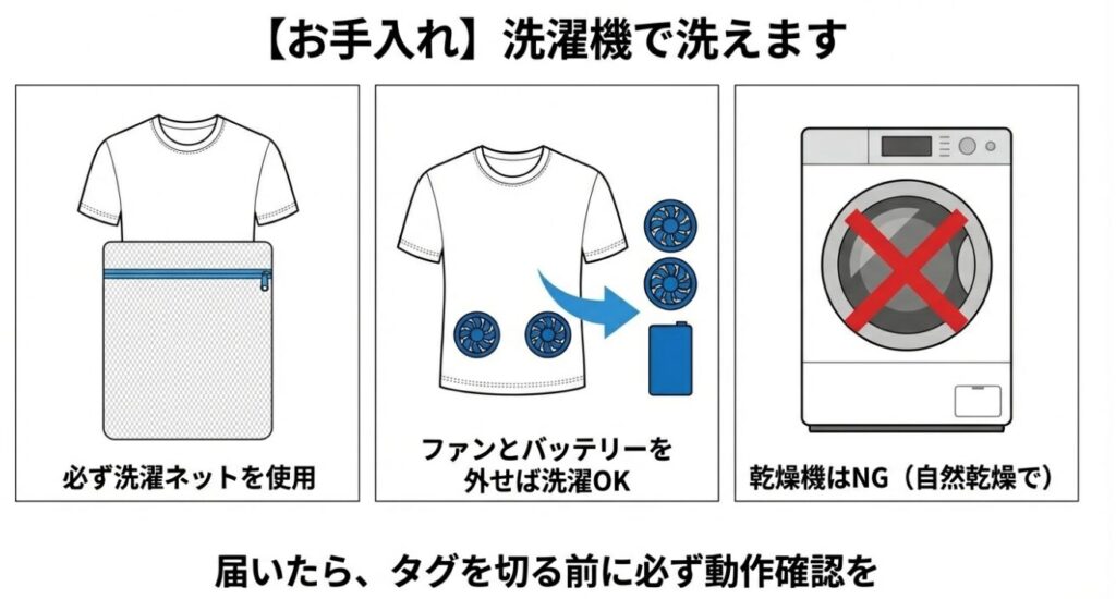 ファンとバッテリーを外して洗濯機で洗う際の手順と乾燥機禁止の注意点