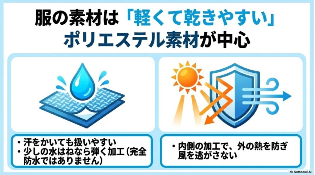 汗をかいても快適さを保つ服の生地や撥水加工について