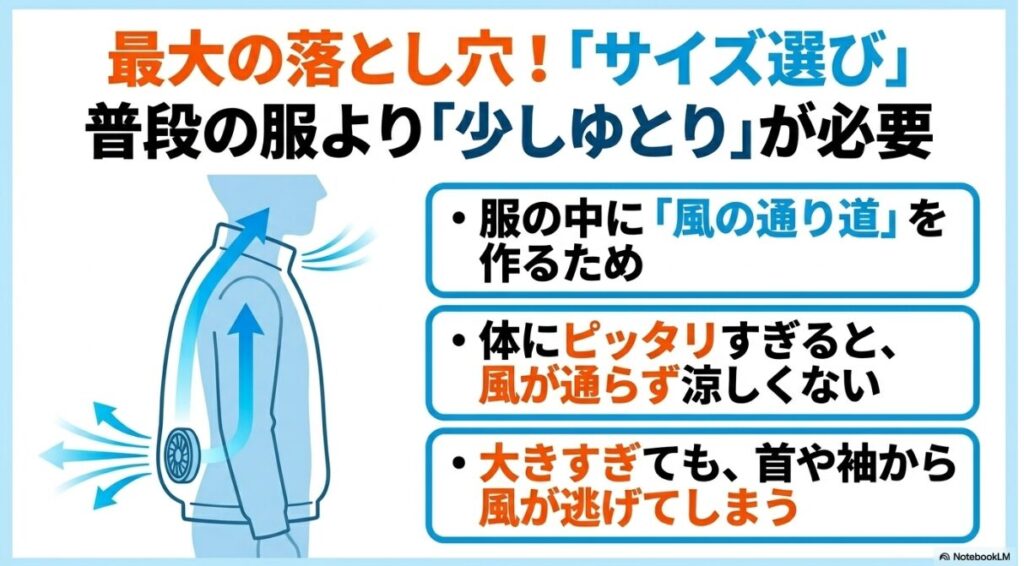 服の中に風の通り道を作るための少しゆとりあるサイズ感