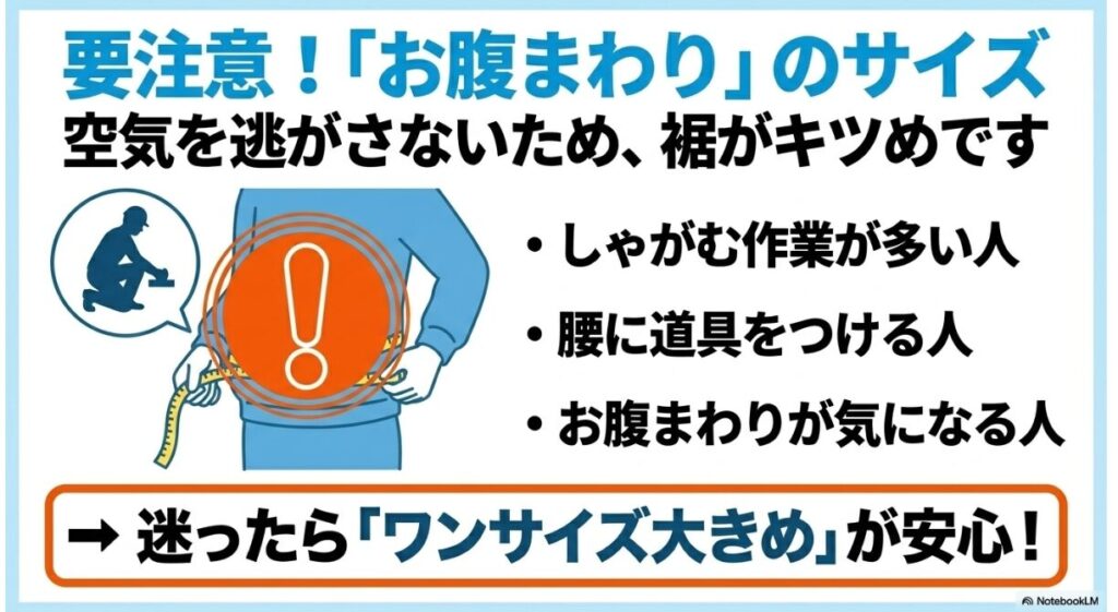 空気を逃がさないためのタイトな裾設計とワンサイズ上の検討