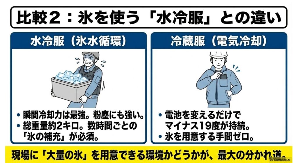 電気冷却の冷蔵服と氷水循環による水冷服のメリットとデメリット