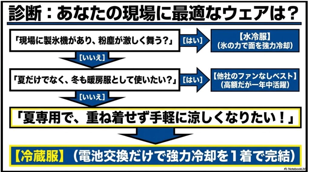 作業環境の条件に応じて水冷服や冷蔵服などを選ぶフローチャート