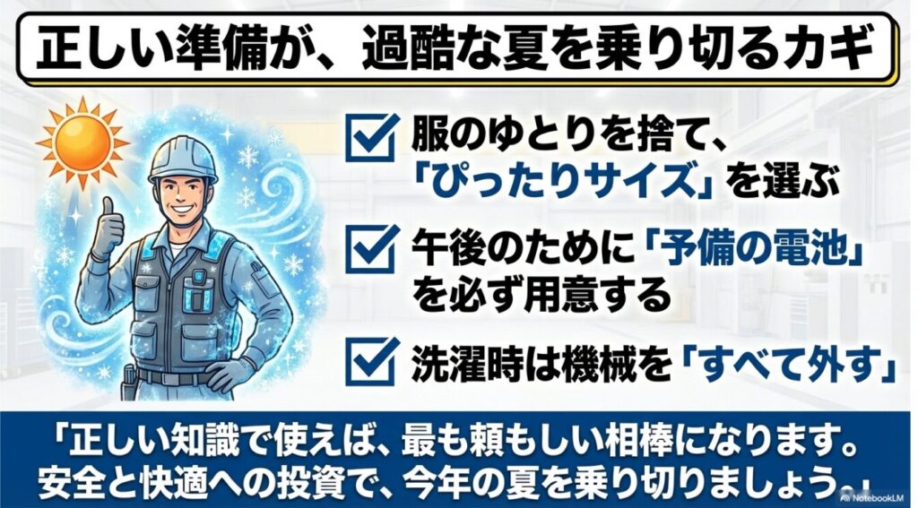 サイズ選びや予備電池など冷蔵服を正しく使うためのポイントまとめ