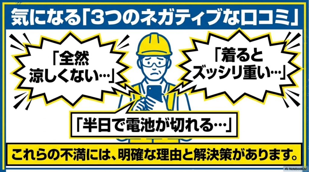 涼しくないや重いといった冷蔵服への代表的な不満の声