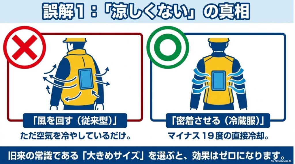従来型の風を回す空調服と密着させる冷蔵服の冷却方式の違い