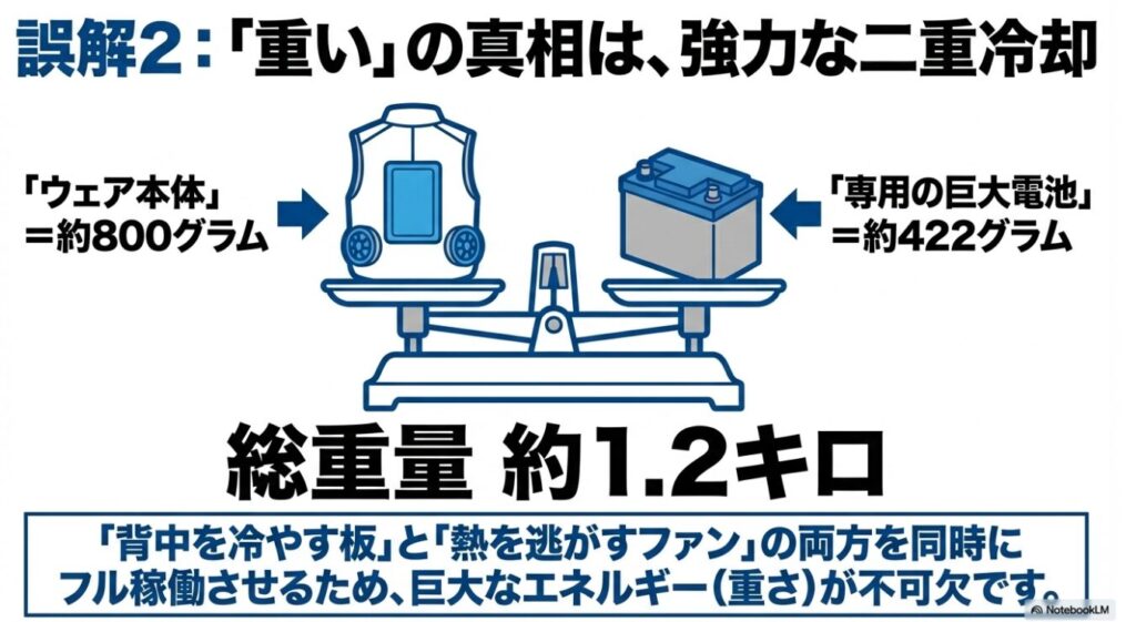 冷蔵服本体と専用の巨大バッテリーによる総重量の内訳