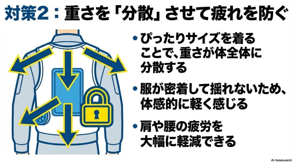 ぴったりサイズを着ることで冷蔵服の重さを体全体に分散させる仕組み