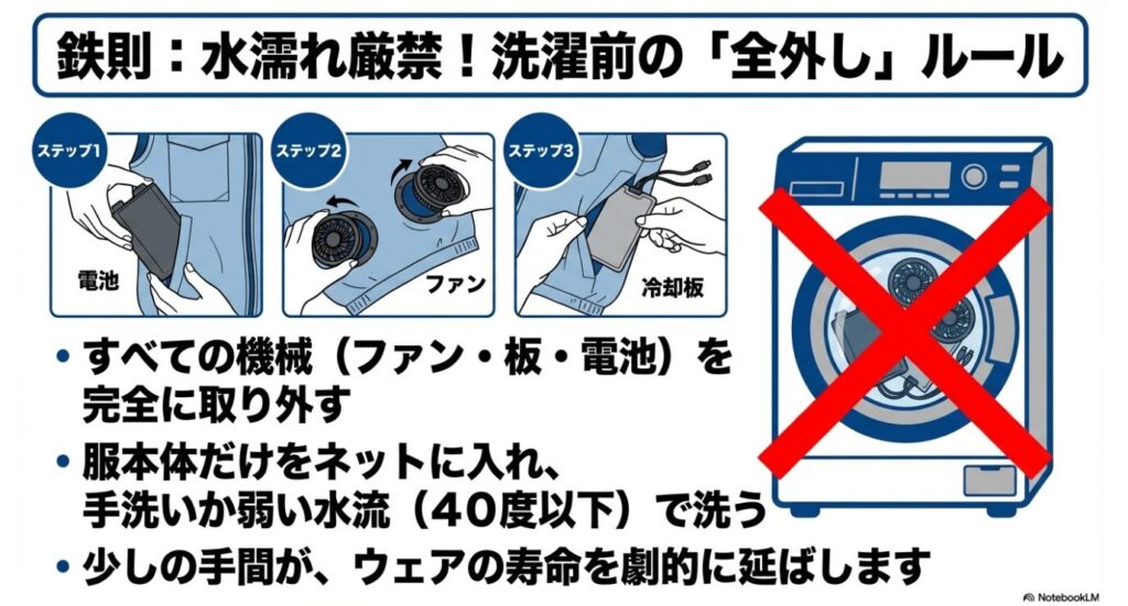 洗濯前に電池やファンや冷却板をすべて取り外す手順