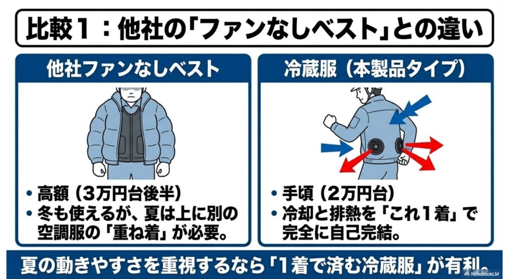 冷蔵服と他社の高額なファンなしペルチェベストの機能比較
