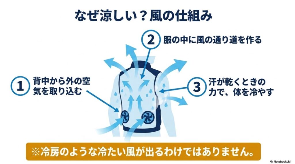 風の力で汗を蒸発させて気化熱で体を冷やす空調服の構造